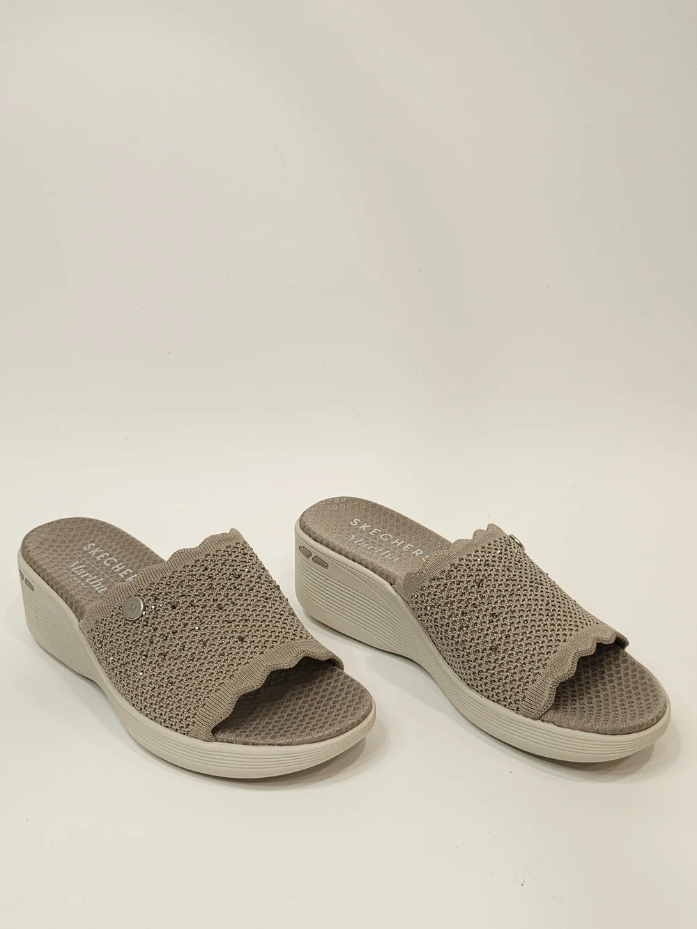 Skechers Women's Taupe Knit Slip-On Wedge Sandals With Rinestones